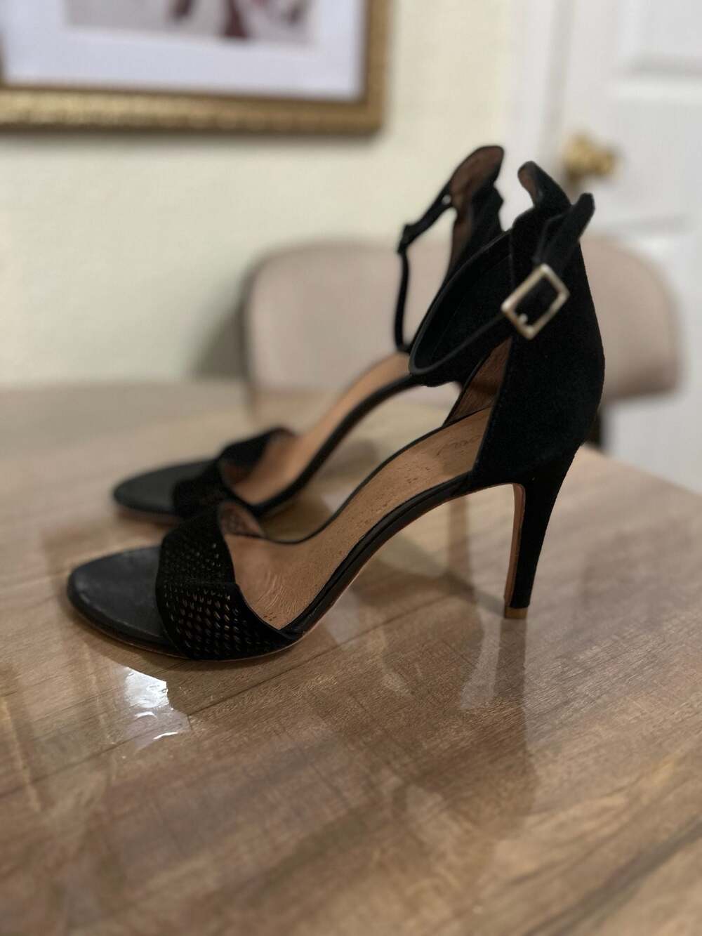 Joie Black Suede and Leather Perforated Ankle Strap Heels Size 39